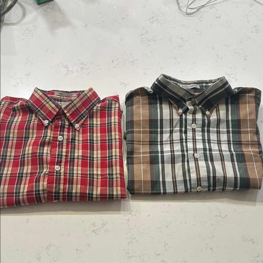 TWO Classic Plaid Button-Down Shirts - Red and Tan; Green and Tan